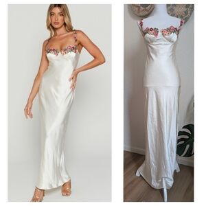 NWT Angel Biba Embroidered Floral Satin Maxi Dress